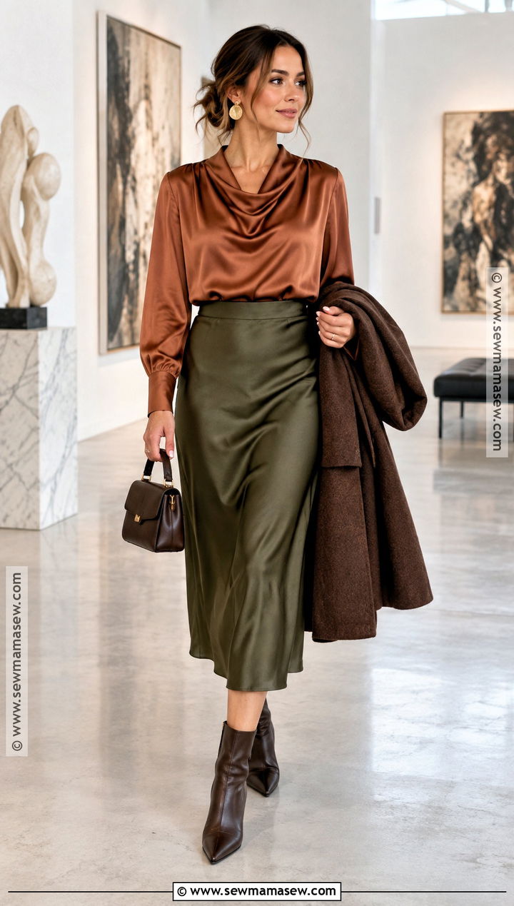Deep Autumn Copper Blouse And Olive Skirt Outfit - 20 Deep Autumn Color Outfits