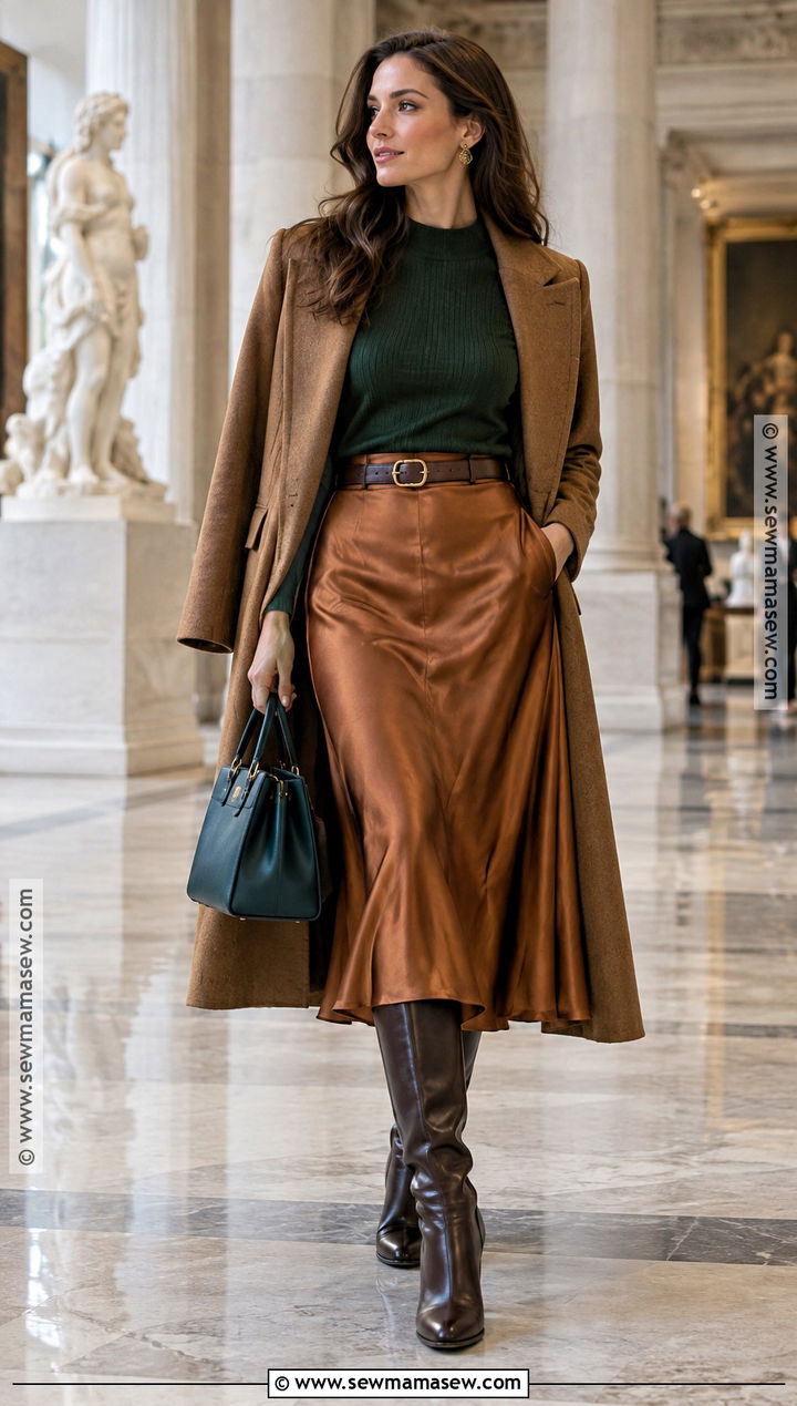 Deep Autumn Copper Satin Skirt Outfit - 20 autumn color analysis outfits