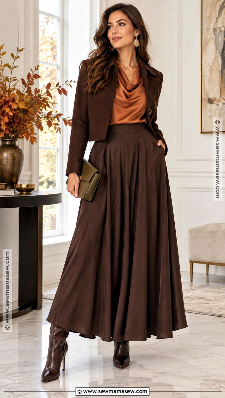 Deep Autumn Copper Top And Chocolate Maxi Skirt Outfit - 15 deep autumn hourglass outfits