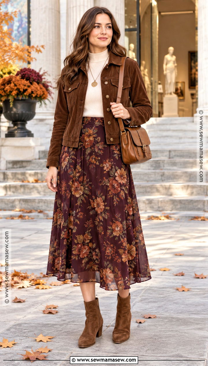 Deep Autumn Corduroy Jacket and Midi Skirt Outfit - 20 autumn deep outfits