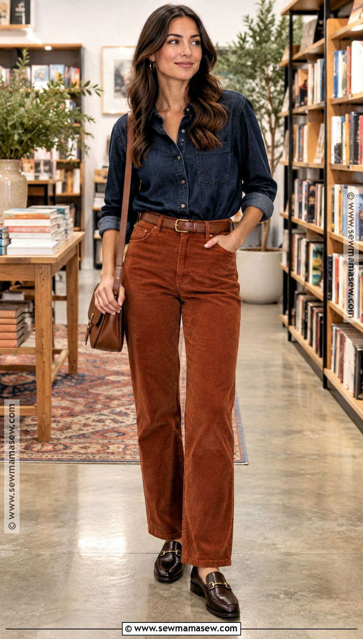 Deep Autumn Denim Shirt And Corduroy Pants Outfit - 25 deep autumn style ideas