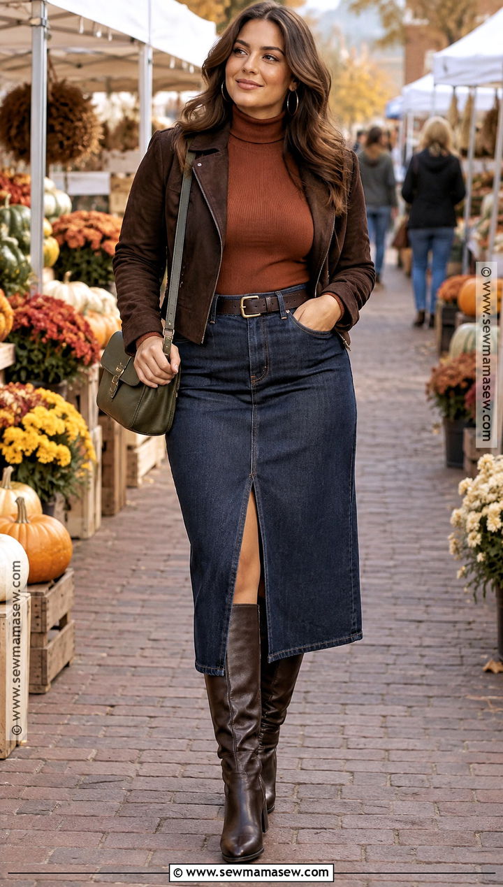 Deep Autumn Denim Skirt And Fitted Turtleneck Outfit - 15 deep autumn hourglass outfits