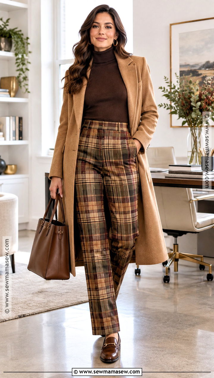Deep Autumn Espresso Turtleneck And Plaid Pants Outfit - 25 deep autumn outfits ideas