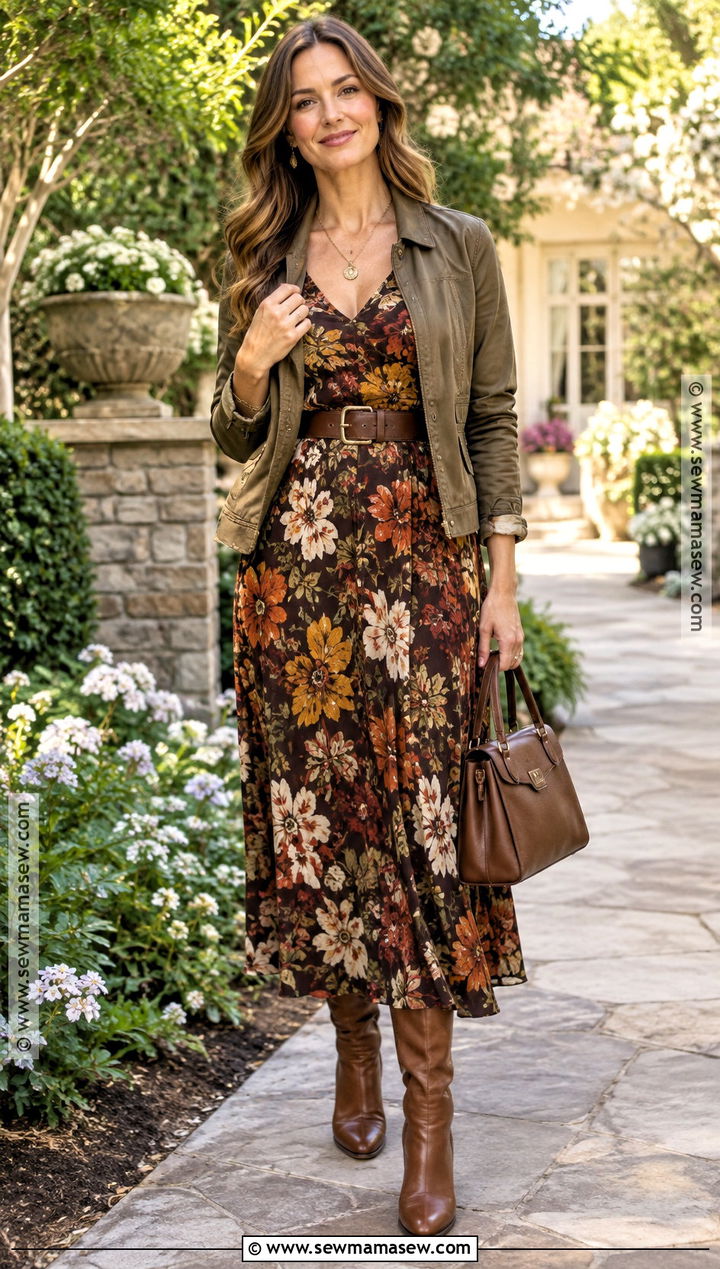Deep Autumn Floral Midi Dress Outfit - 25 deep autumn color palette outfits