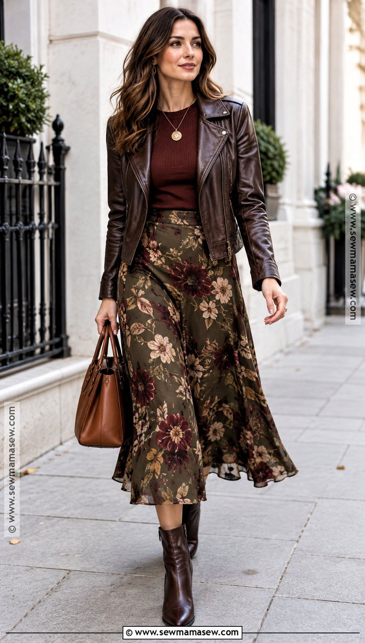 Deep Autumn Leather Jacket And Midi Skirt Outfit - 25 deep autumn style ideas