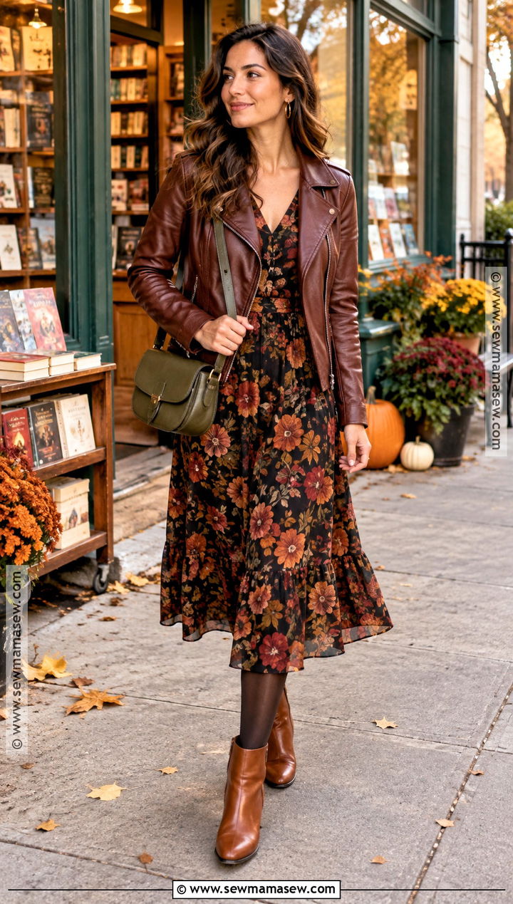 Deep Autumn Leather Jacket and Floral Dress Outfit - 20 autumn deep outfits