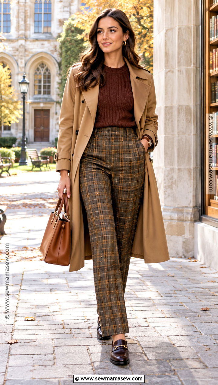 Deep Autumn Mahogany Sweater And Plaid Trousers Outfit - 20 Deep Autumn Color Outfits