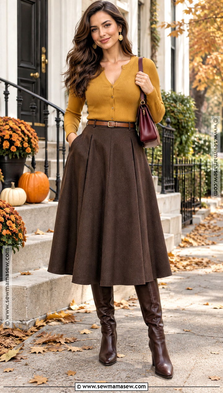 Deep Autumn Mustard Cardigan And Midi Skirt Outfit - 15 deep autumn hourglass outfits