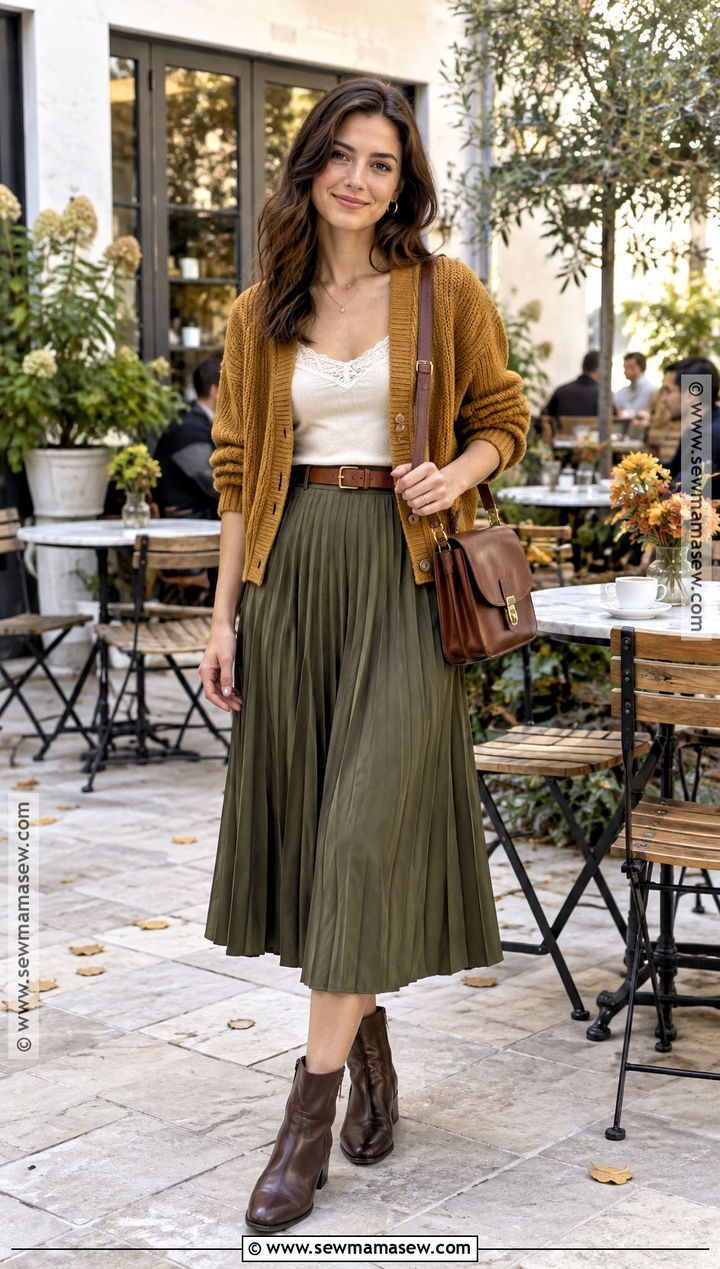 Deep Autumn Mustard Cardigan And Olive Skirt Outfit - 30 deep autumn outfits