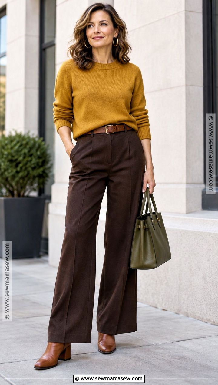 Deep Autumn Mustard Sweater And Brown Pants Outfit - 25 deep autumn style ideas
