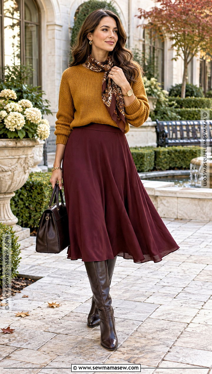 Deep Autumn Mustard Sweater And Burgundy Skirt Outfit - 25 deep autumn outfits ideas