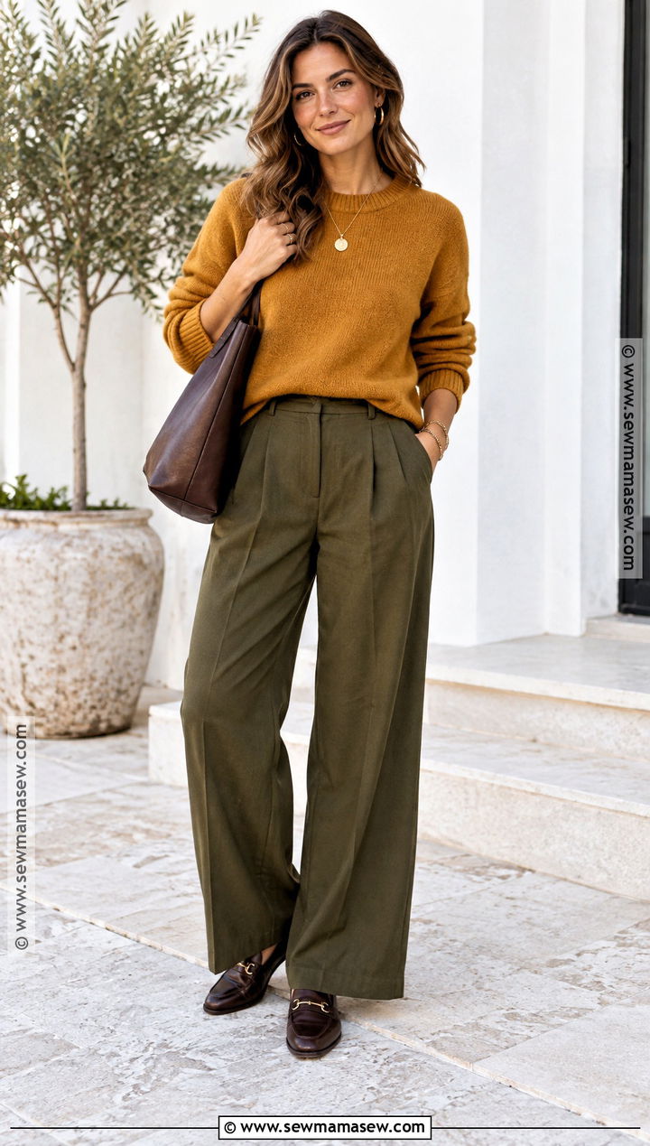 Deep Autumn Mustard Sweater And Olive Pants Outfit - 20 deep autumn palette outfits