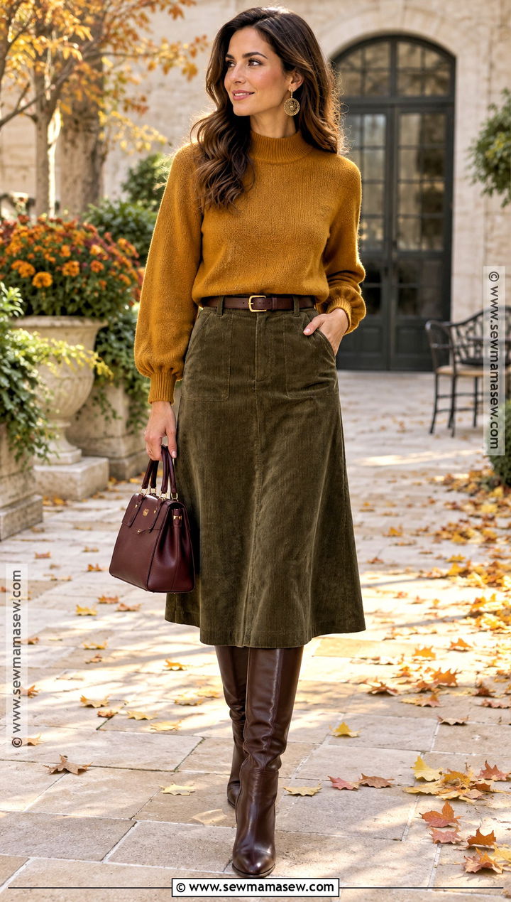 Deep Autumn Mustard Sweater and Olive Skirt Outfit - 20 autumn deep outfits