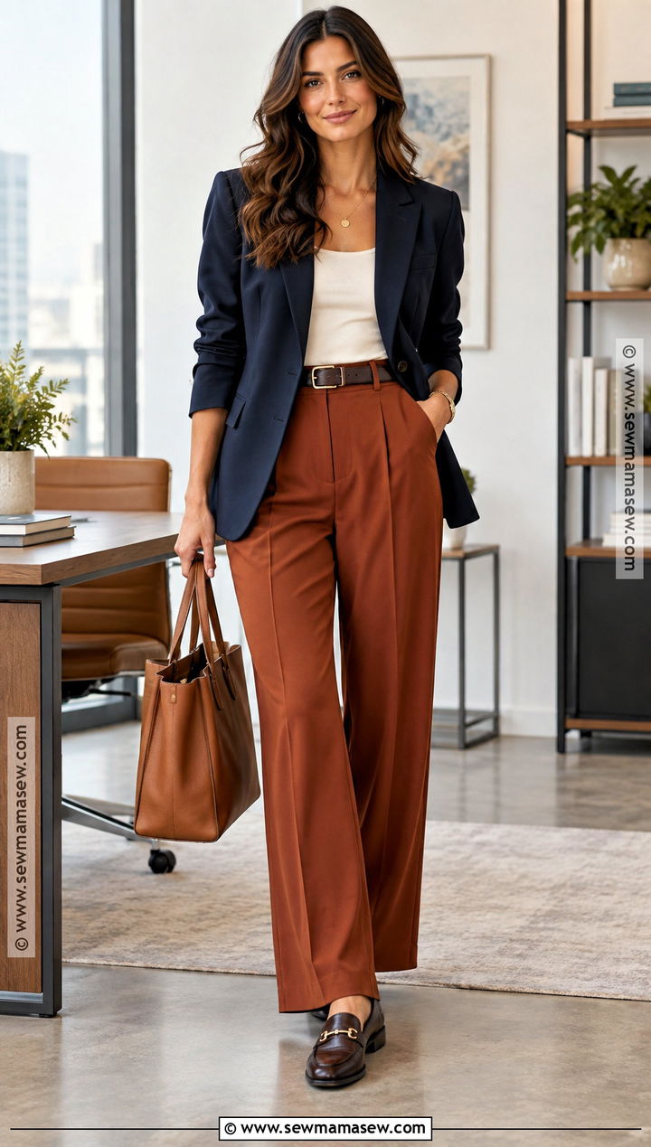 Deep Autumn Navy Blazer and Rust Trousers Outfit - 25 deep autumn color palette outfits ideas