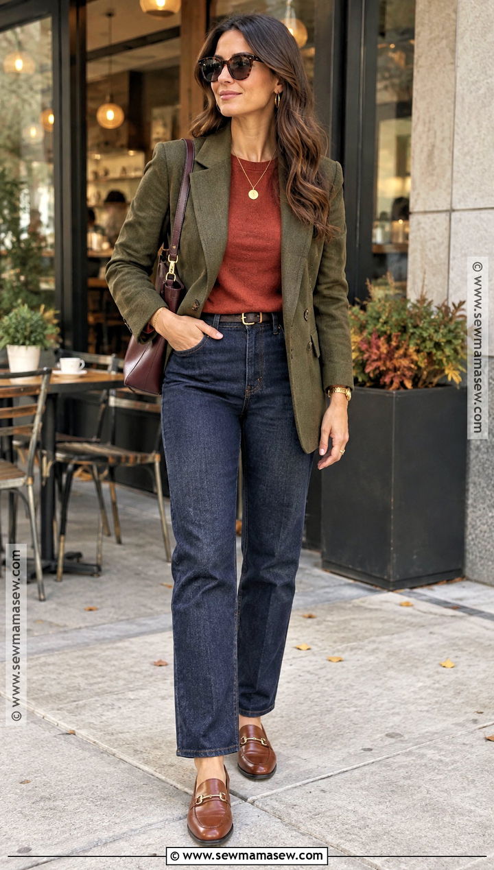 Deep Autumn Olive Blazer And Dark Denim Outfit - 20 Deep Autumn Color Outfits