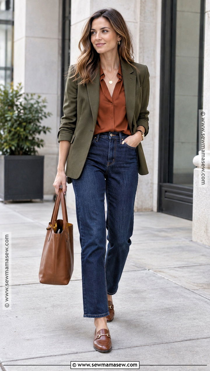 Deep Autumn Olive Blazer And Rust Blouse Outfit - 20 deep autumn palette outfits