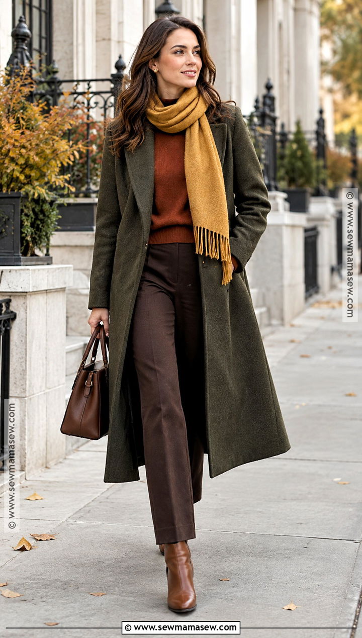 Deep Autumn Olive Coat And Rust Knit Outfit - 25 deep autumn outfits ideas