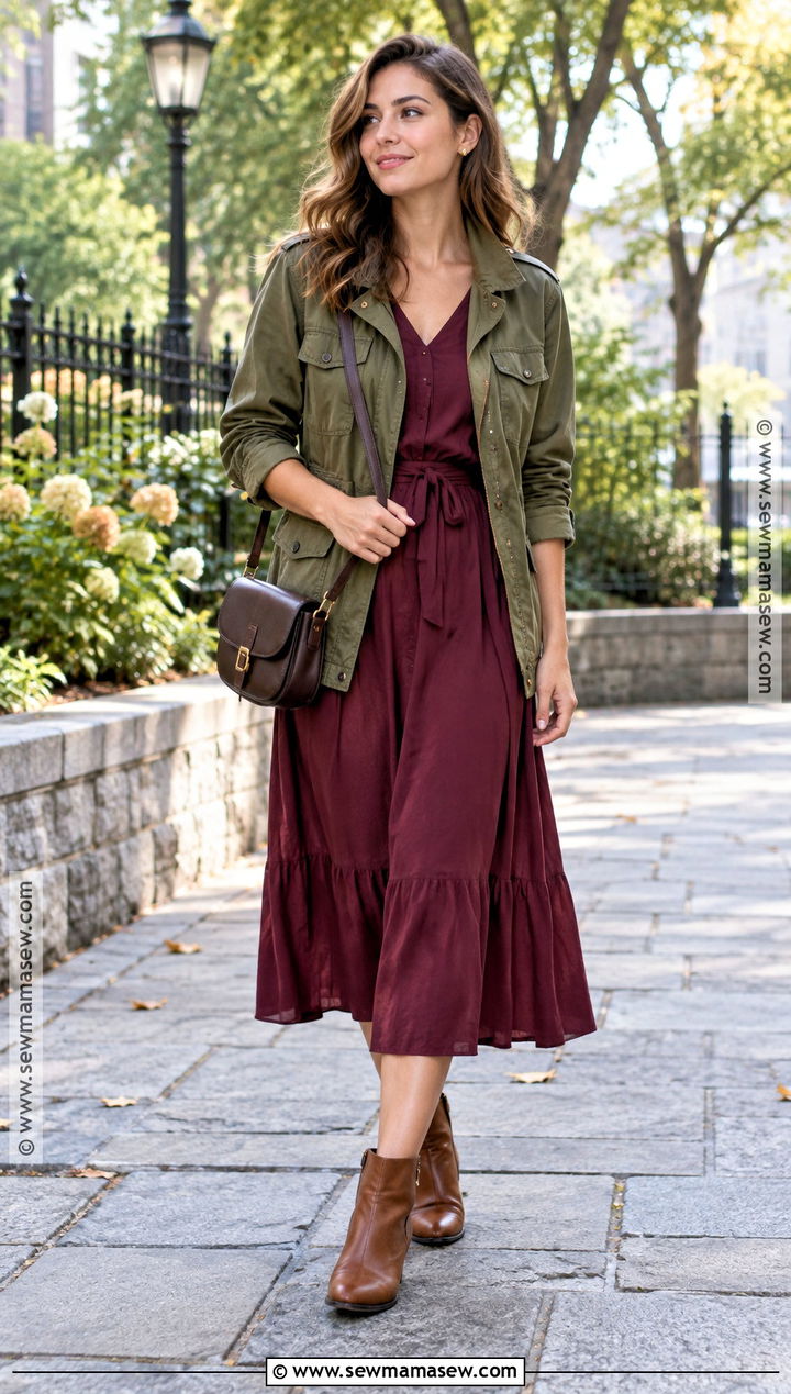 Deep Autumn Olive Jacket and Burgundy Dress Outfit - 25 deep autumn color palette outfits ideas