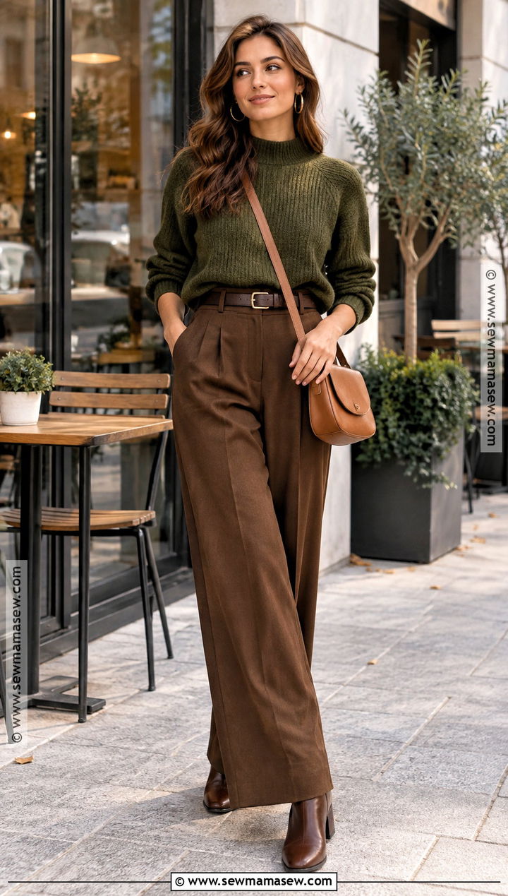 Deep Autumn Olive Sweater and Brown Trousers Outfit - 20 autumn deep outfits