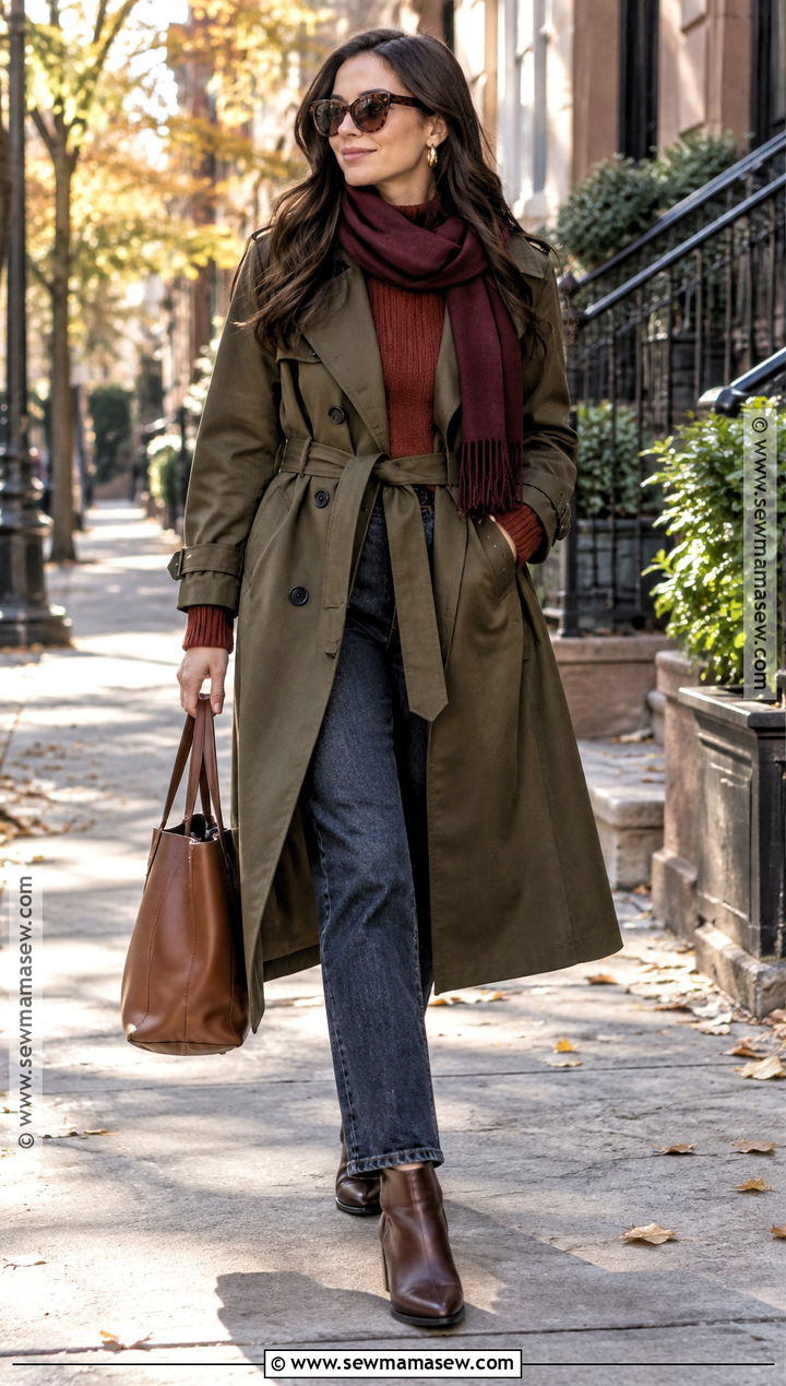Deep Autumn Olive Trench Coat Outfit - 30 deep autumn outfits