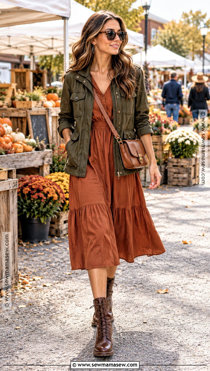 Deep Autumn Olive Utility Jacket And Rust Dress Outfit - 20 Deep Autumn Color Outfits