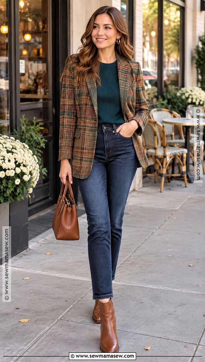 Deep Autumn Plaid Blazer And Dark Denim Outfit - 25 deep autumn outfits ideas