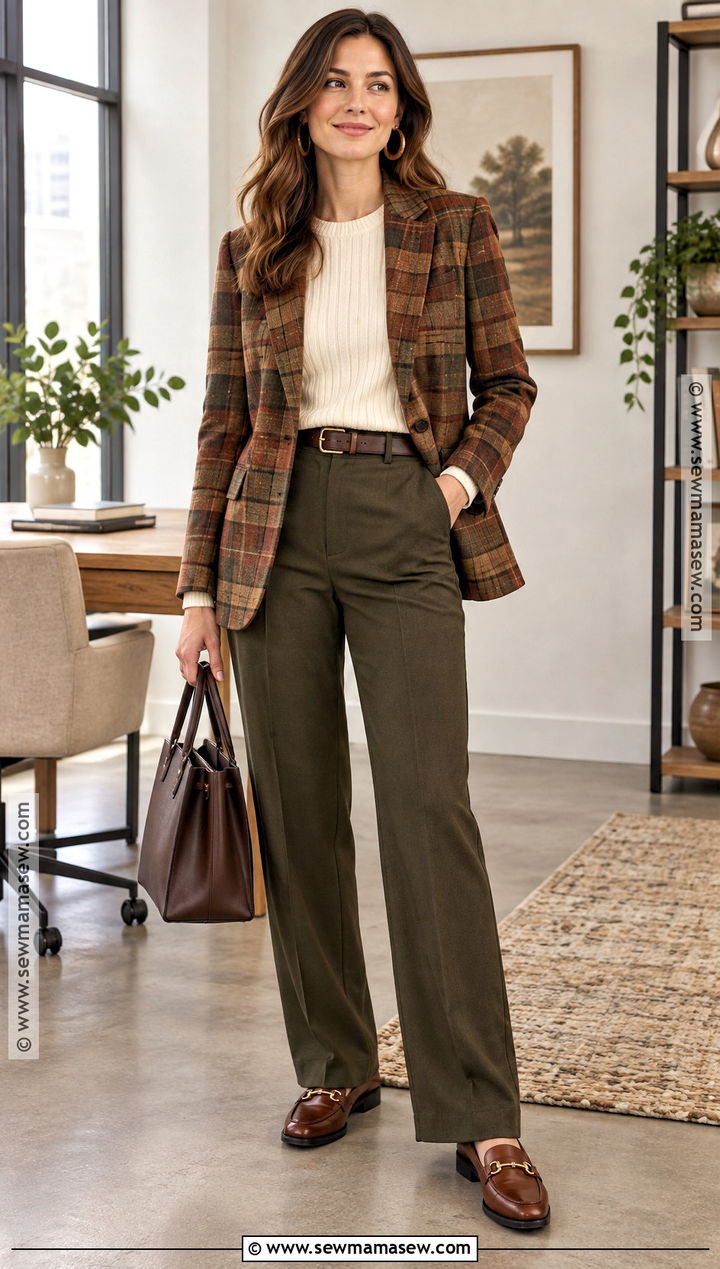 Deep Autumn Plaid Blazer And Olive Trousers Outfit - 30 deep autumn outfits
