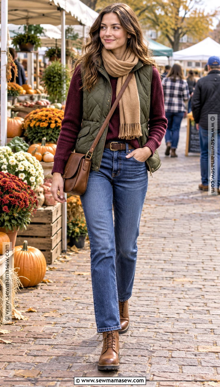 Deep Autumn Quilted Vest Weekend Outfit - 30 deep autumn outfits