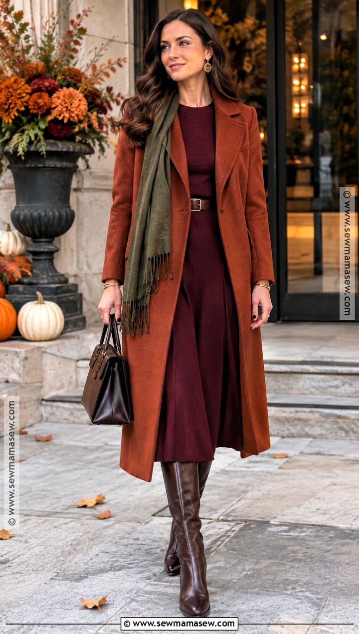 Deep Autumn Rust Coat and Burgundy Dress Outfit - 20 autumn deep outfits