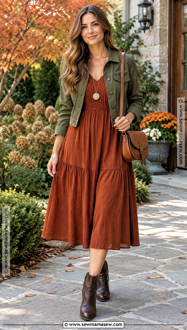 Deep Autumn Rust Dress And Olive Jacket Outfit - 25 deep autumn outfits ideas