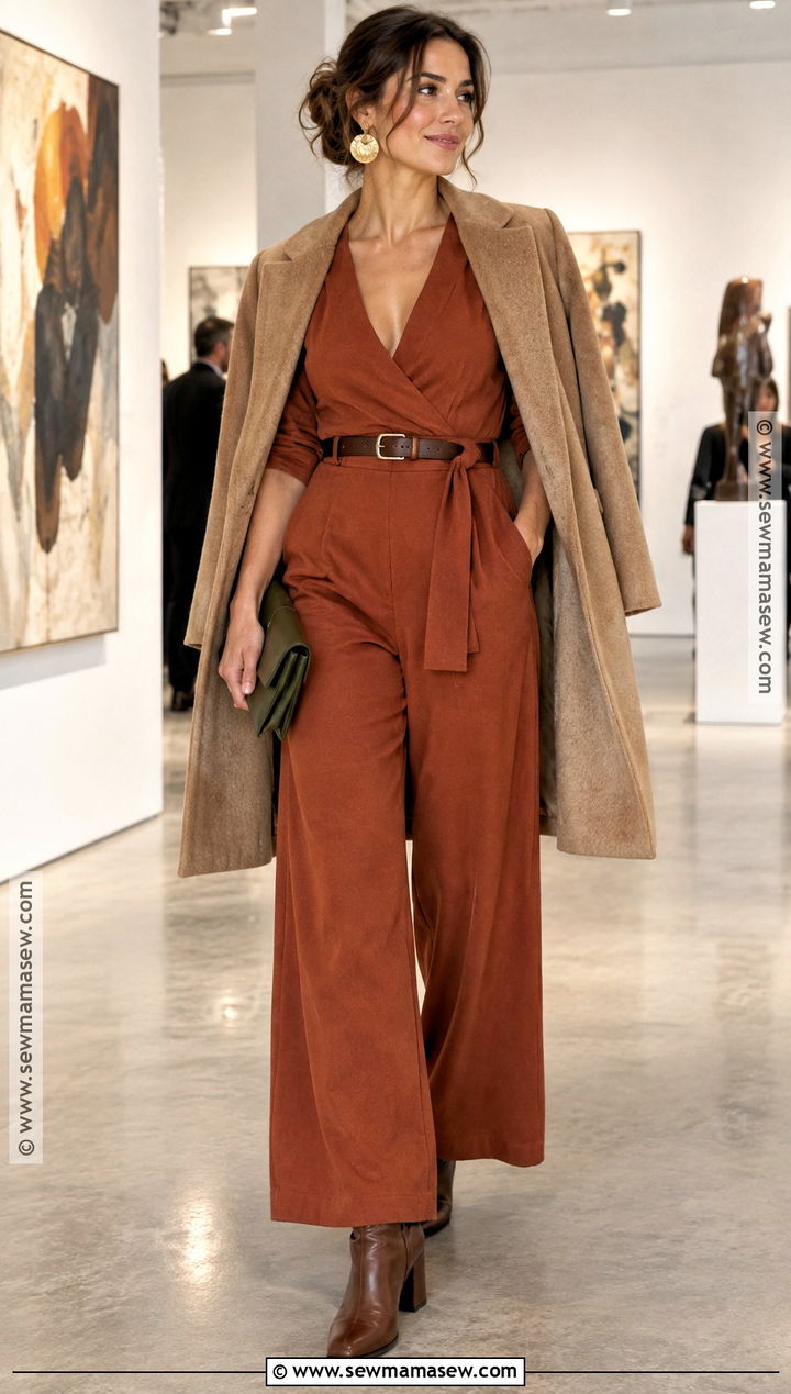 Deep Autumn Rust Jumpsuit And Espresso Accessories Outfit - 20 Deep Autumn Color Outfits