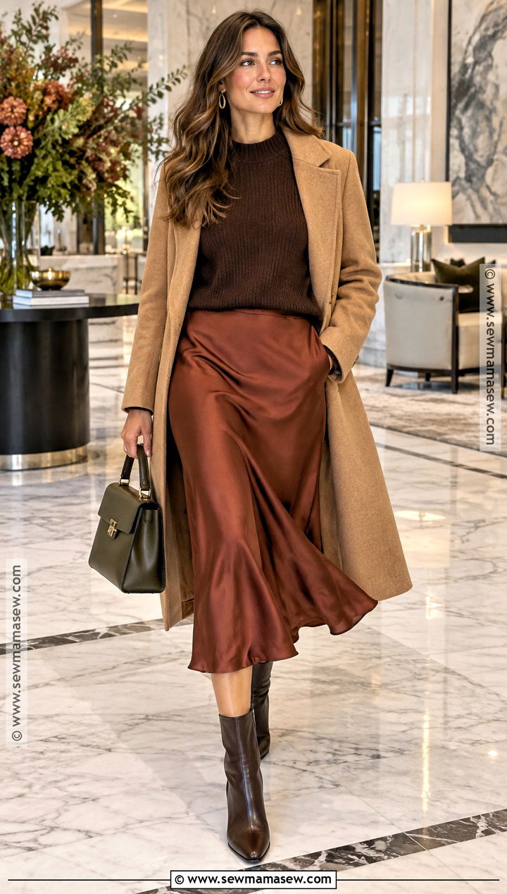 Deep Autumn Rust Satin Skirt Outfit - 30 deep autumn outfits
