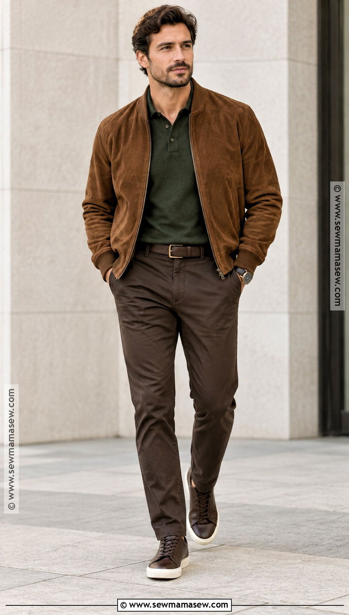 Deep Autumn Suede Bomber Jacket Outfit - 20 deep autumn outfits for men