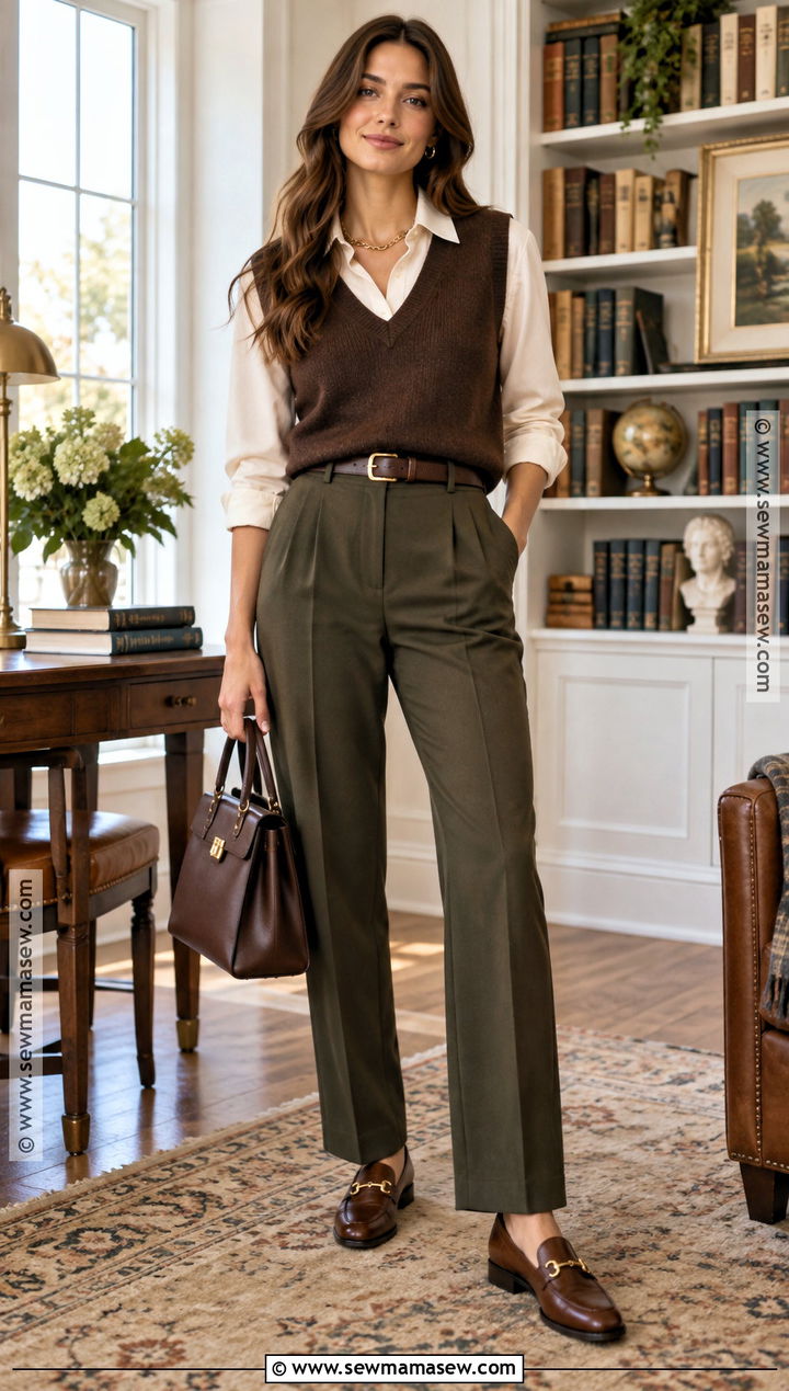 Deep Autumn Sweater Vest And Trousers Outfit - 30 deep autumn outfits