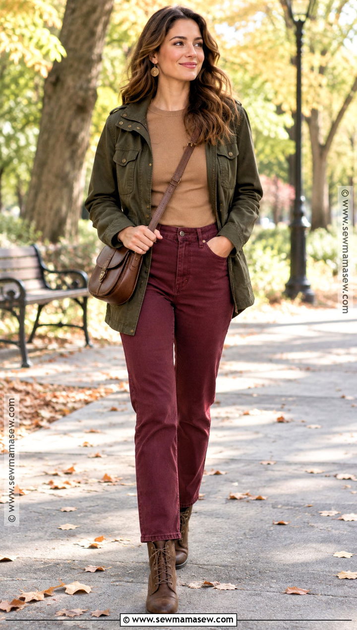Deep Autumn Utility Jacket And Burgundy Jeans Outfit - 25 deep autumn outfits ideas