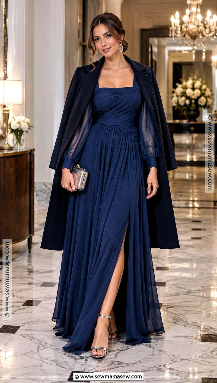 Deep Blue Maxi Dress With Statement Earrings For October Wedding - 15 october wedding party attire ideas
