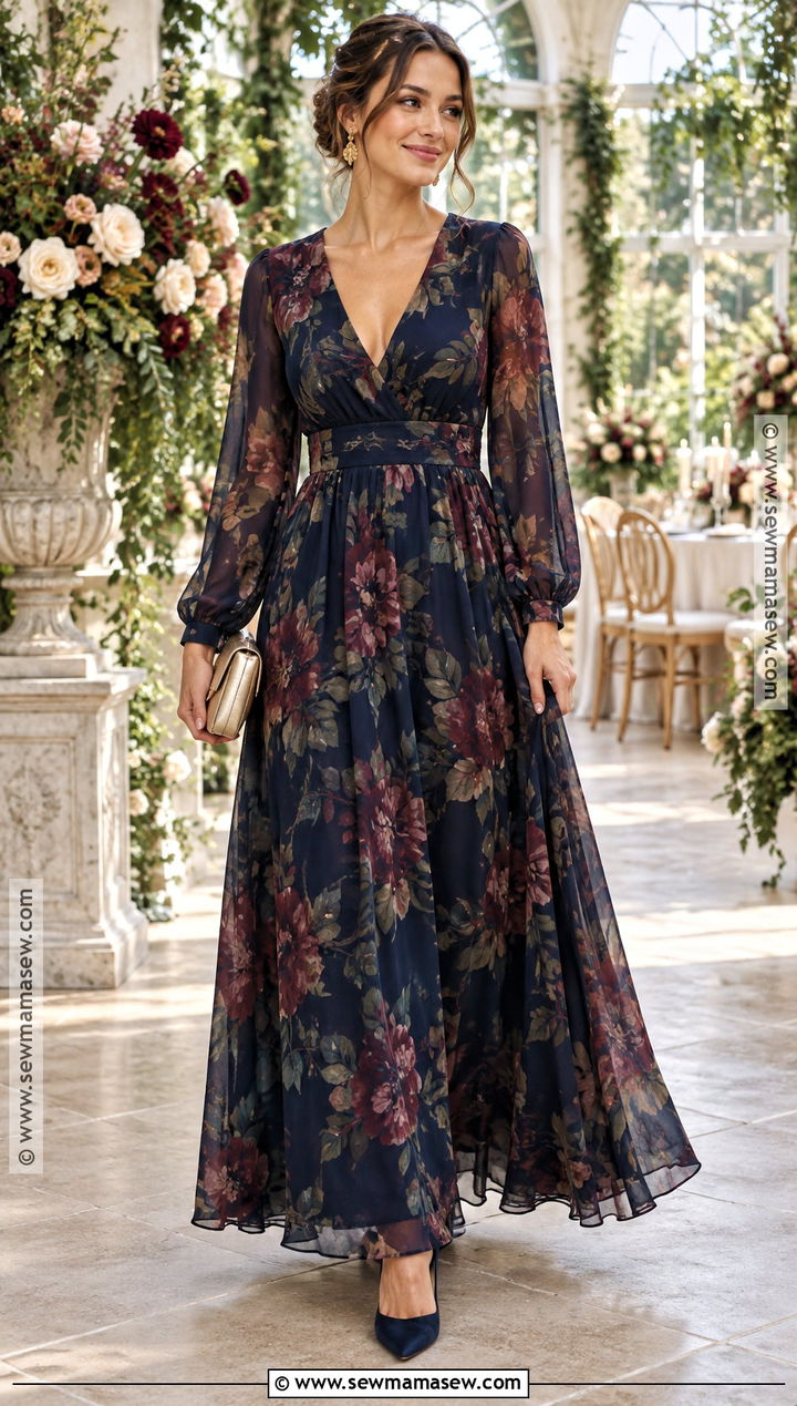 Deep Floral Long Sleeve Maxi Dress Fall Wedding Guest Outfit - 20 fall formal wedding guest attire ideas