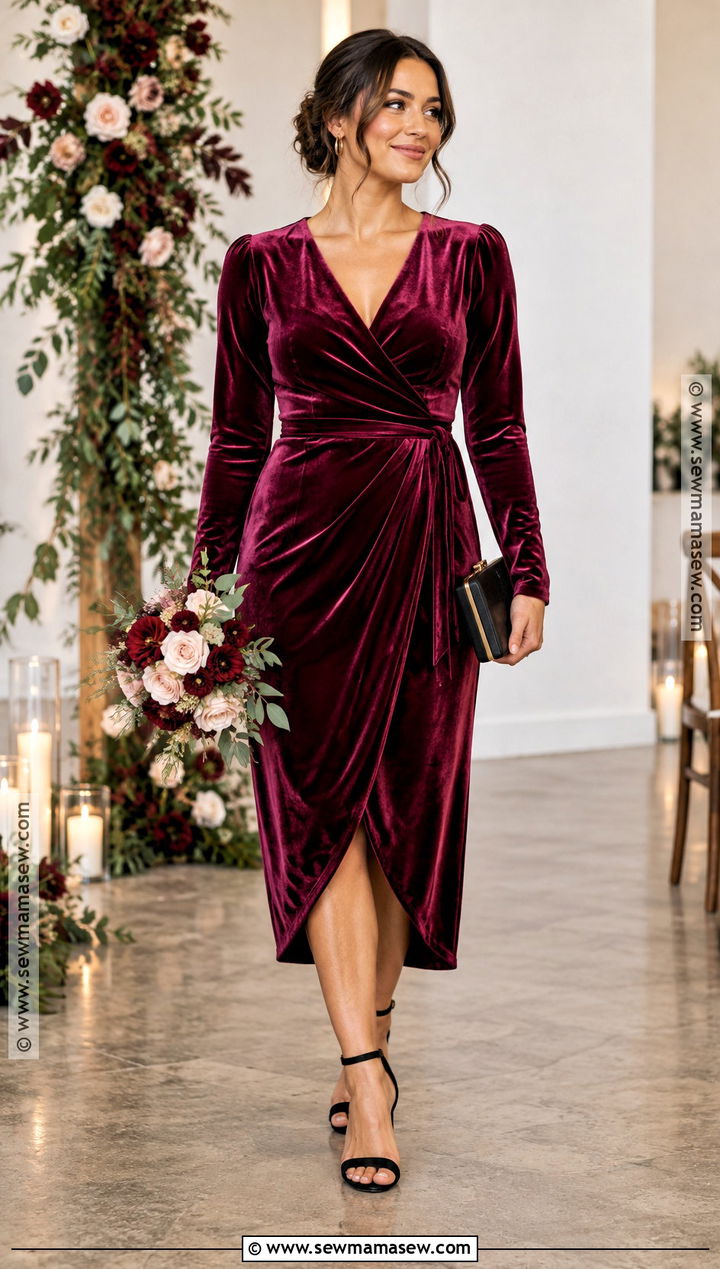 Deep Magenta Velvet Bridesmaid Dress With Black Sandals - 15 fall bridesmaid dresses mismatched jewel tones