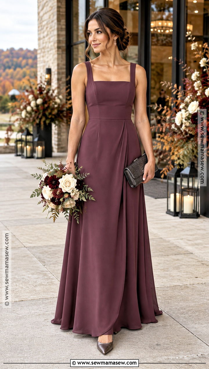 Deep Mauve Crepe Bridesmaid Dress - 15 Autumn Wedding Colors Bridesmaid Dress Ideas