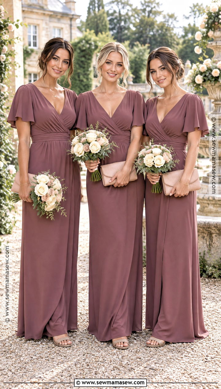 Deep Mauve Crepe Bridesmaid Dresses - 15 Fall Colour Bridesmaid Dresses