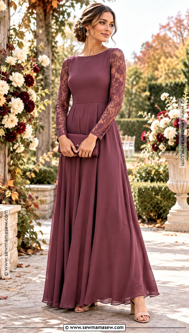 Deep Mauve Lace Sleeve Bridesmaid Dress - 15 Fall Outdoor Wedding Bridesmaid Dresses