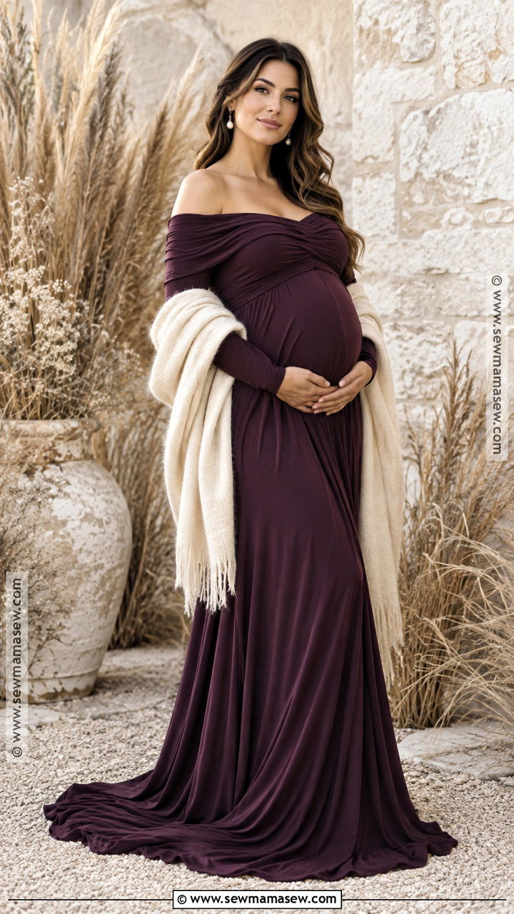 Deep Plum Off Shoulder Gown Maternity Photoshoot Outfit - 20 November Maternity Photoshoot Outfits