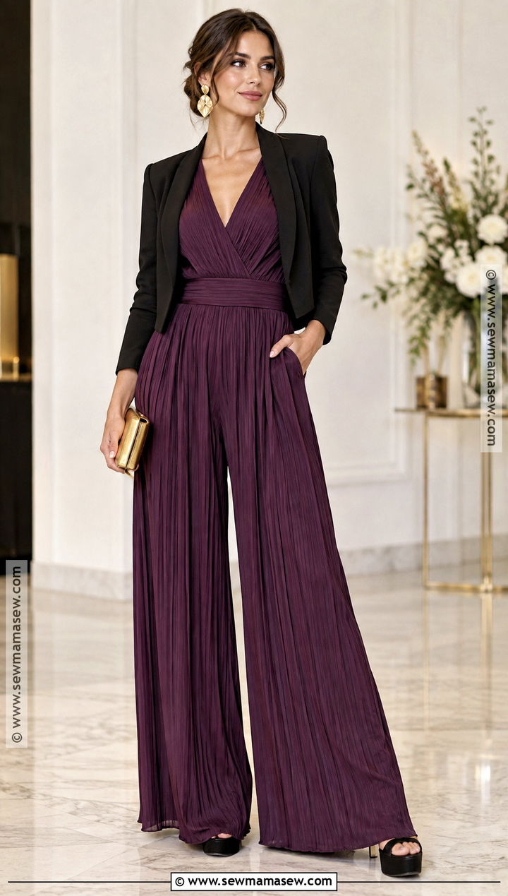 Deep Purple Pleated Jumpsuit Wedding Guest Outfit - 25 wedding guest looks fall
