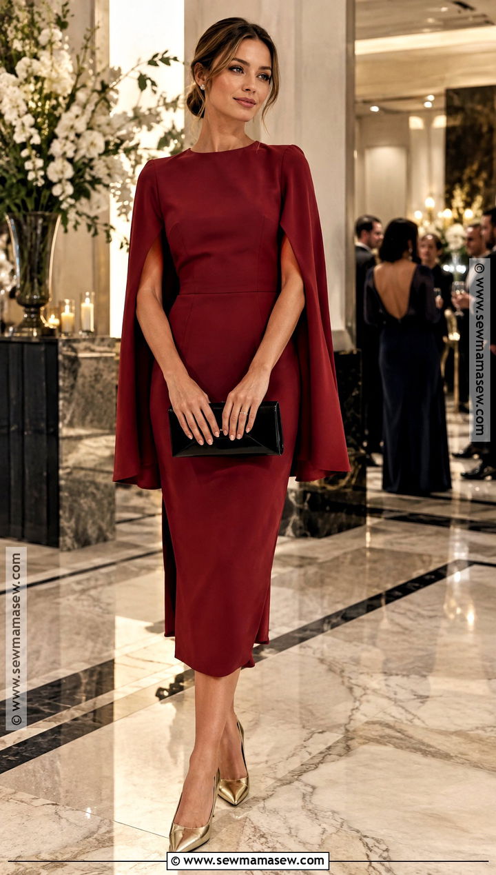 Deep Red Cape Dress Fall Wedding Look - 20 fall wedding looks