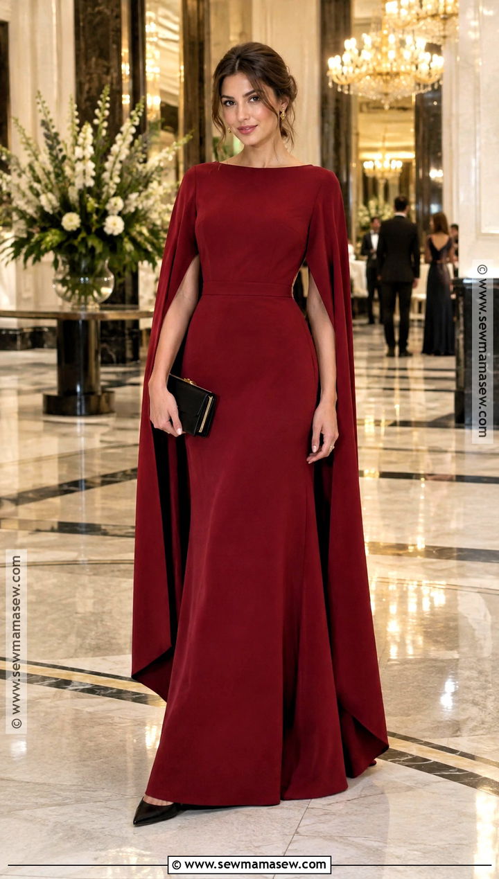 Deep Red Cape Sleeve Fall Wedding Guest Gown - 25 fall wedding guest dress october formal ideas