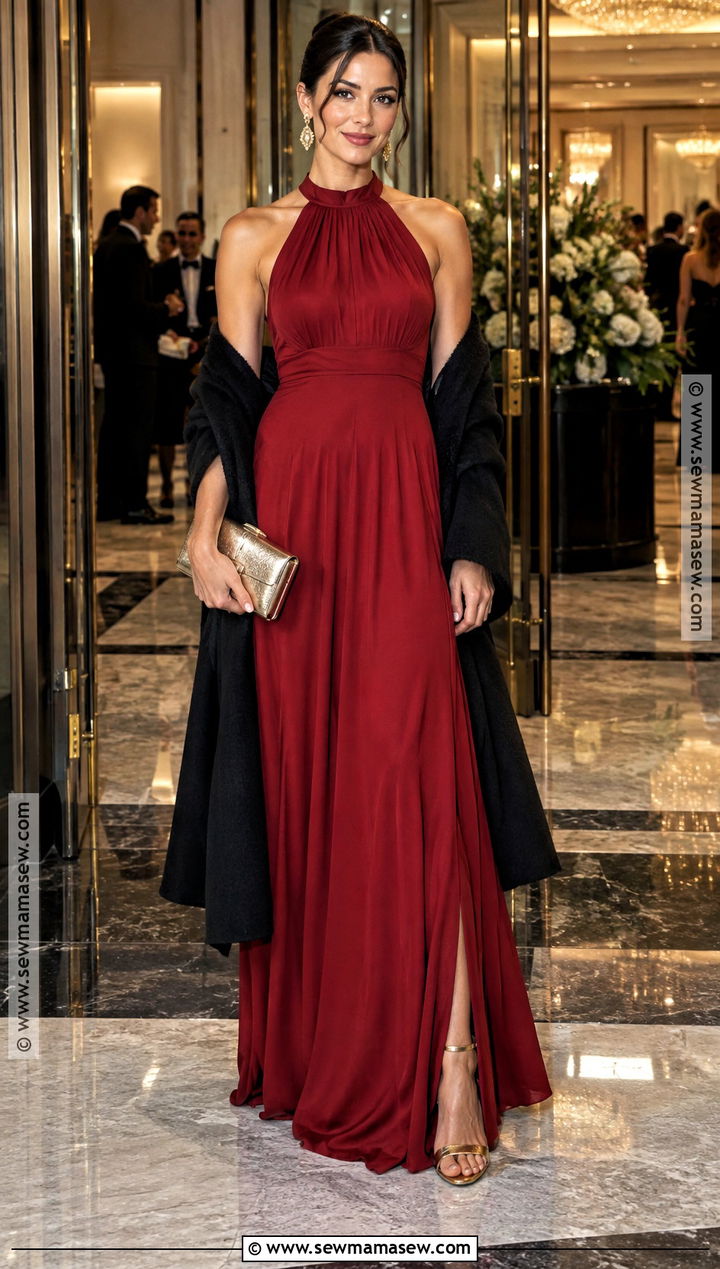 Deep Red Halter Maxi Fall Wedding Outfit - 25 fall wedding outfits