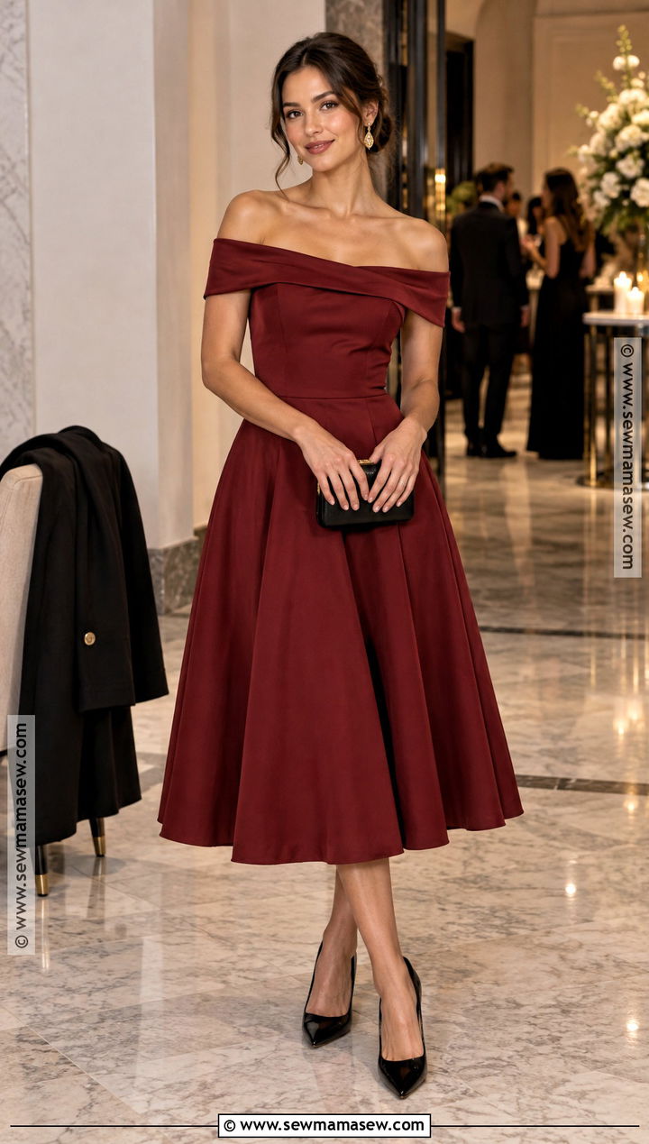 Deep Red Off Shoulder Fall Wedding Guest Outfit - 25 semi formal fall wedding guest attire ideas