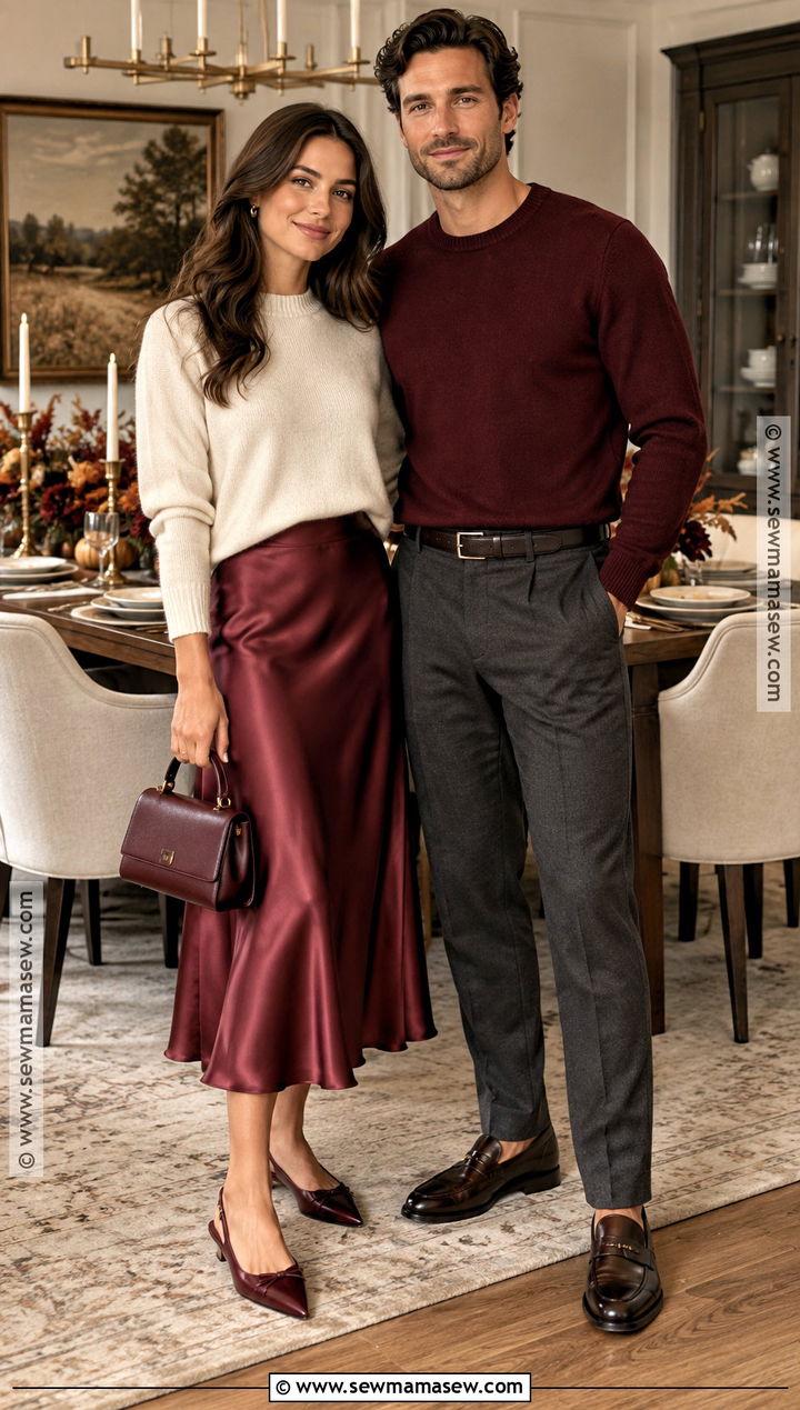 Deep Red Satin And Merino Knit Thanksgiving Outfit - 20 Thanksgiving Outfit Ideas for Couples