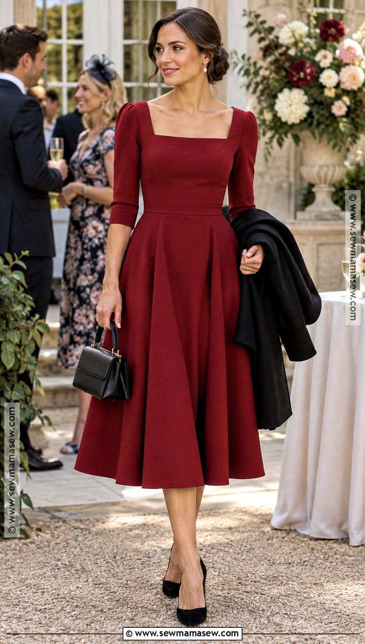Deep Red Square Neck Autumn Wedding Guest Dress - 25 autumn wedding guest dress ideas