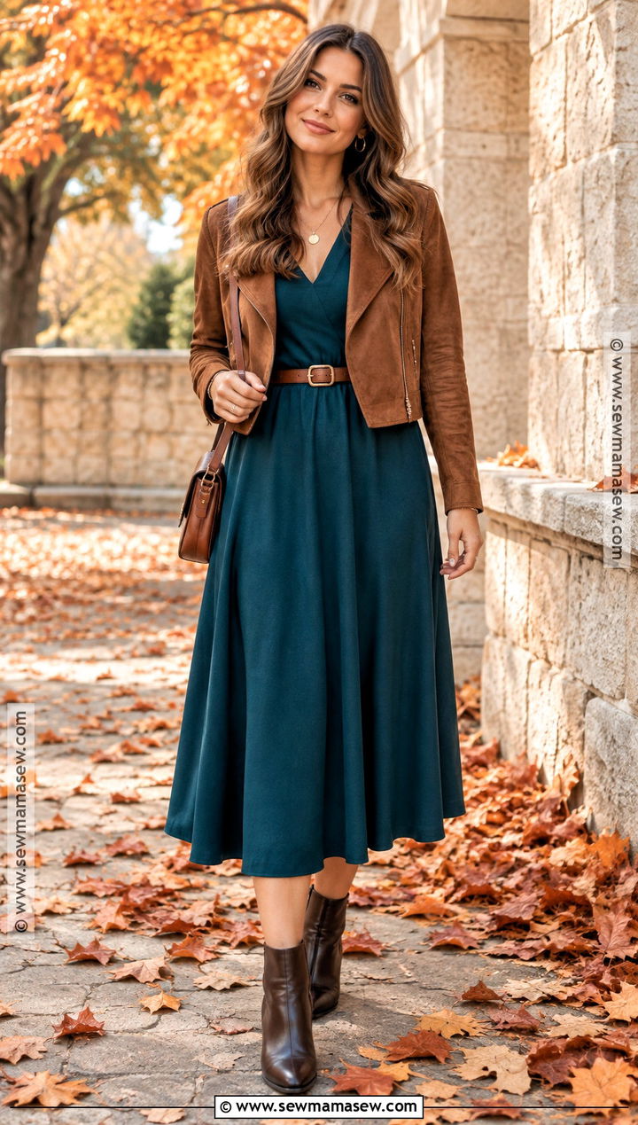 Deep Teal A Line Dress With Ankle Boots - 15 fall engagement photos dress ideas